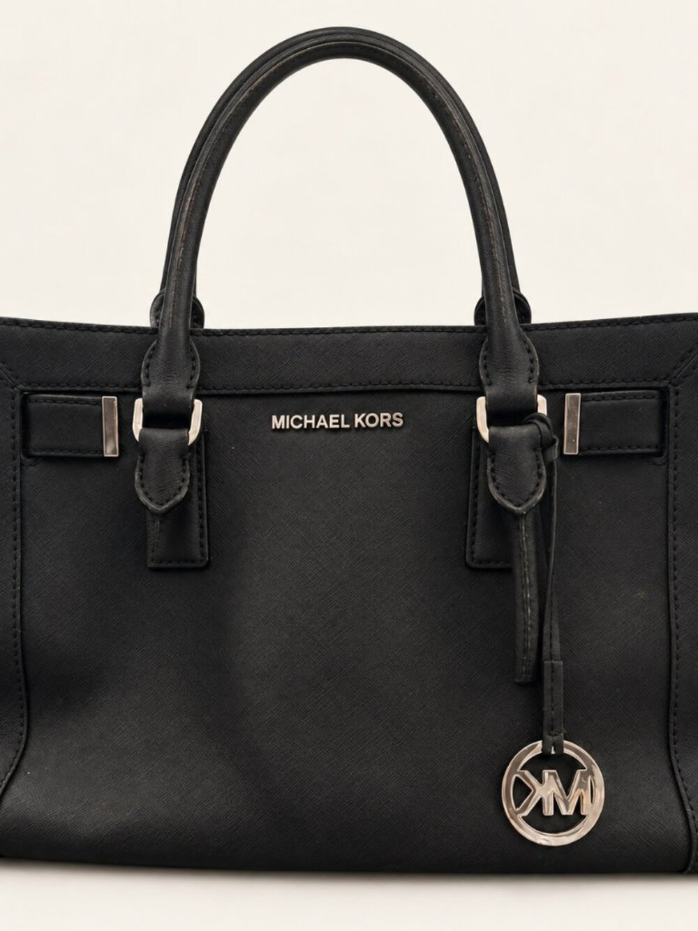 Michael Kors Black Textured Tote Satchel with MK Charm & Shoulder Strap